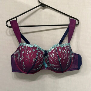 Cacique Lane Bryant Balconette Bra Purple with Blue Embroidered Flowers Size 44C